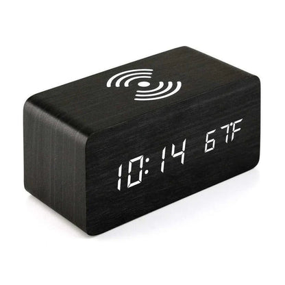 Digital Wooden Alarm Clock Table Desk Bedside LED Clock With Wireless Charger Ausie Sales