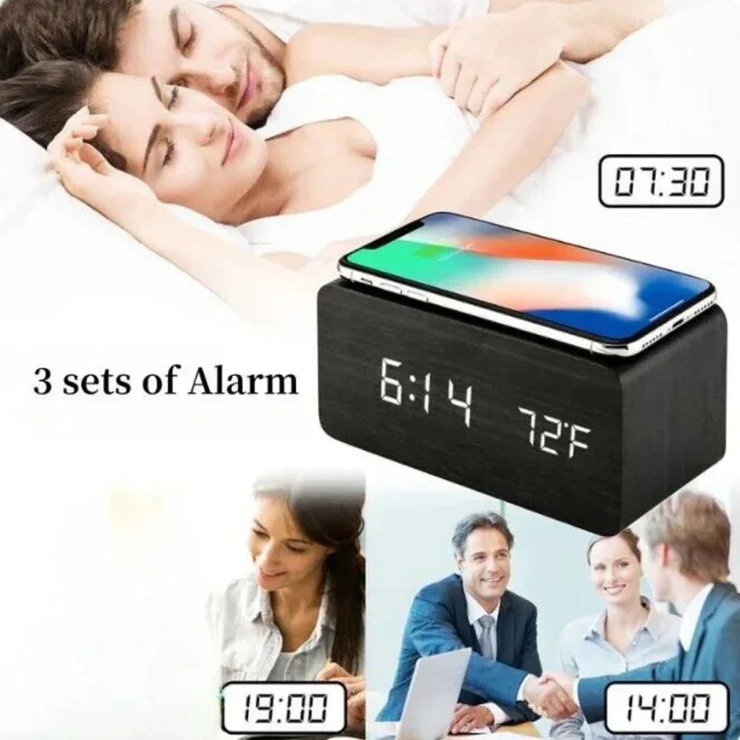 Digital alarm clock with smartphone charging feature, displaying time and temperature, with people in various settings.

