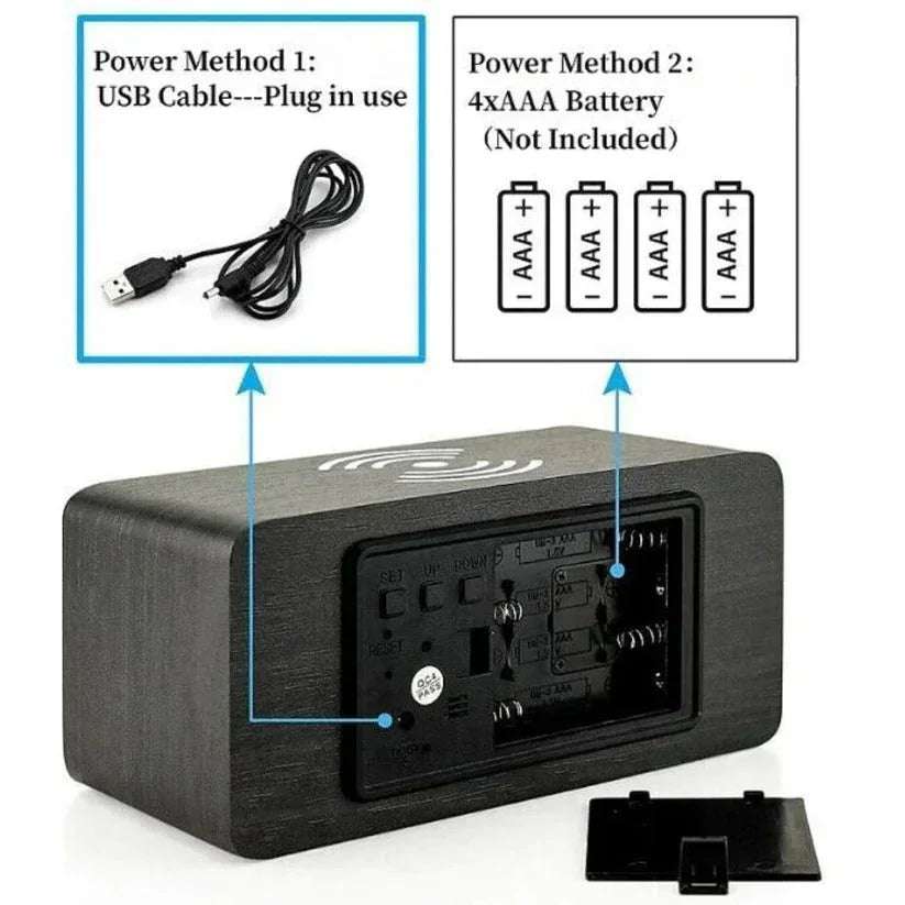 Black electronic device with USB cable and battery slot illustration on a white background

