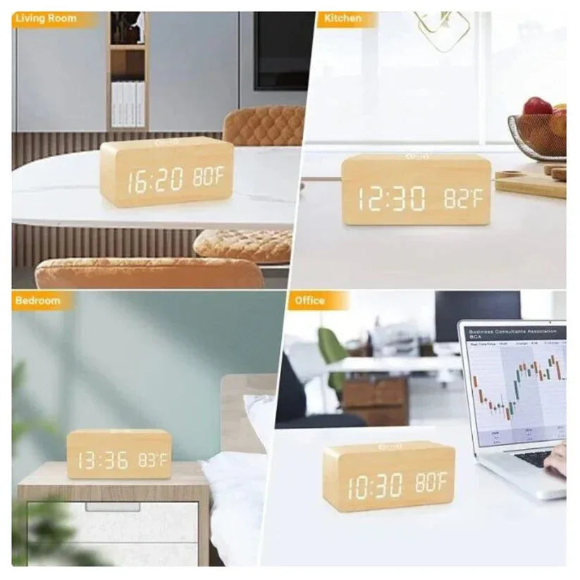 Wooden digital clock displaying time and temperature in various rooms.

