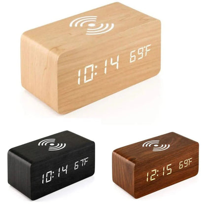 Digital Wooden Alarm Clock Table Desk Bedside LED Clock With Wireless Charger Ausie Sales