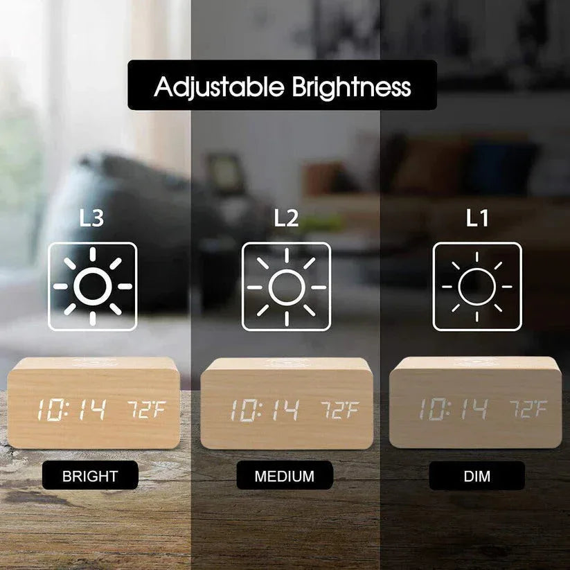 Wooden digital clock with adjustable brightness settings on a blurred background

