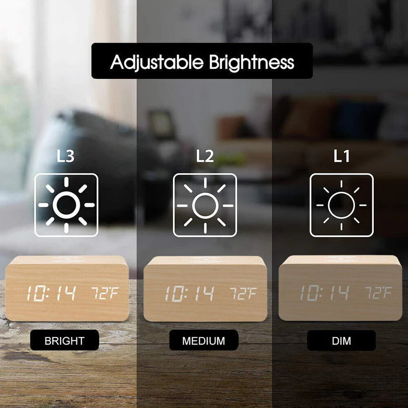 Digital Wooden Alarm Clock Table Desk Bedside LED Clock With Wireless Charger Ausie Sales