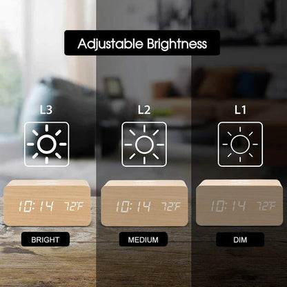 Digital Wooden Alarm Clock Table Desk Bedside LED Clock With Wireless Charger Ausie Sales