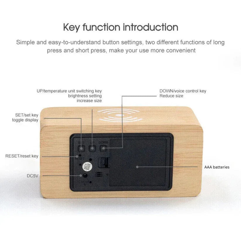Wooden electronic device with labeled buttons on a white background

