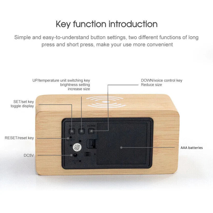 Digital Wooden Alarm Clock Table Desk Bedside LED Clock With Wireless Charger Ausie Sales