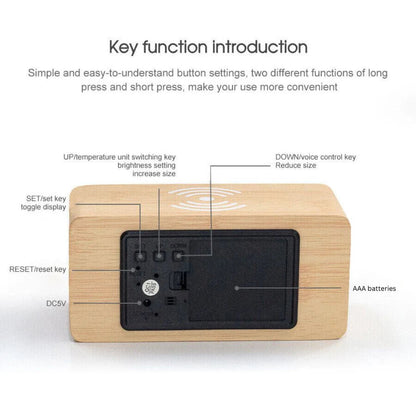 Digital Wooden Alarm Clock Table Desk Bedside LED Clock With Wireless Charger Ausie Sales