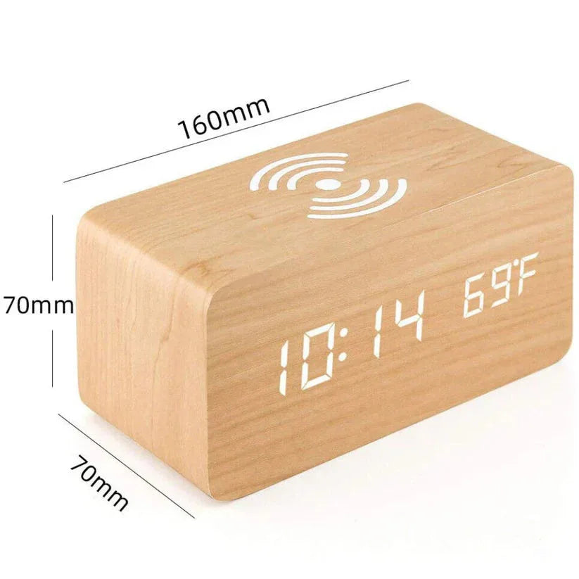 Wooden digital clock with wireless charging pad and temperature display, shown with dimensions.

