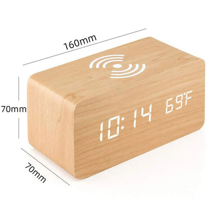 Digital Wooden Alarm Clock Table Desk Bedside LED Clock With Wireless Charger Ausie Sales