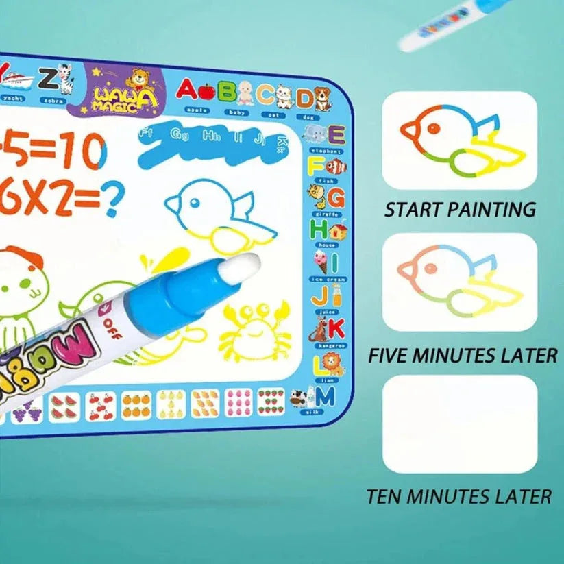 Educational toy with writing surface and marker, showing before and after effects on a blue background.

