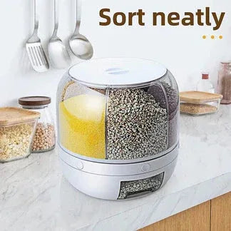 Kitchen counter with a food storage container labeled 'Sort neatly' and various kitchen utensils and items in the background.


