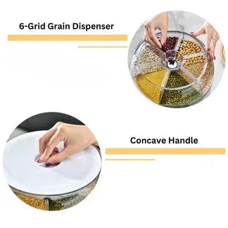 6-grid grain dispenser with concave handle on a white background

