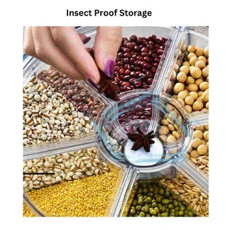 Insect proof storage container with various seeds and a hand holding it.

