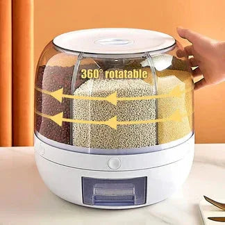Pet food dispenser with visible pet food inside, on a neutral background

