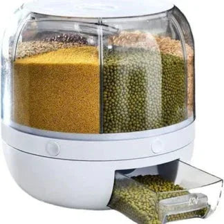 Pet food dispenser with compartments filled with different types of pet food.

