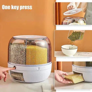 Automatic grain dispenser with a person using it to pour grains into a bowl.

