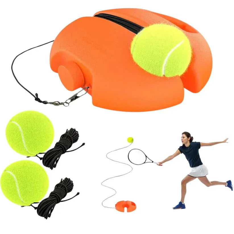 Orange tennis ball trainer with two tennis balls and a racket, with a person playing tennis on a white background.

