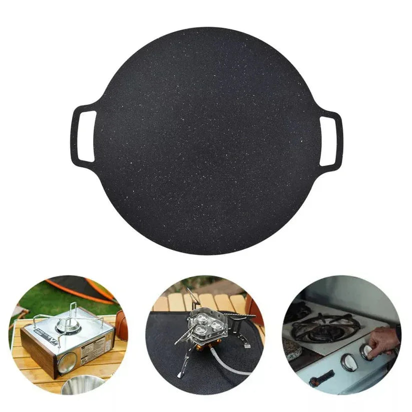 Black round griddle with handles on a white background, shown in use scenarios.

