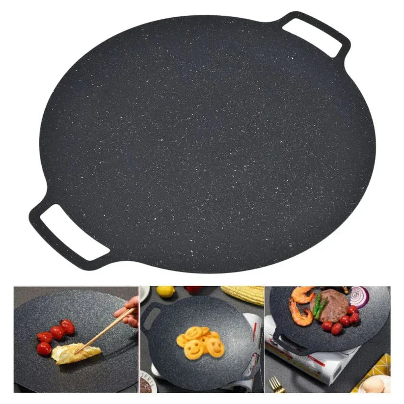 Black speckled griddle pan with images of food preparation on a white background

