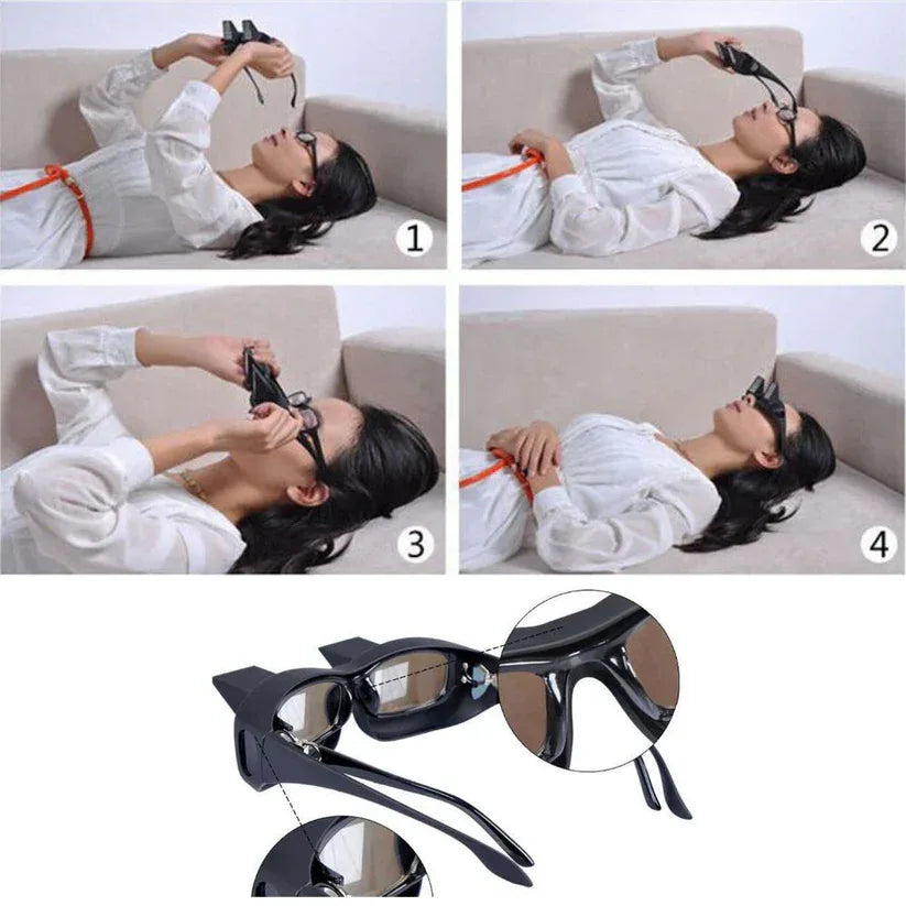 Step-by-step demonstration of using a pair of 3D glasses with a woman lying on a couch.

