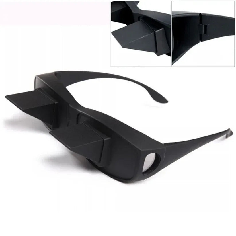 Black 3D glasses on a white background with close-up inset.

