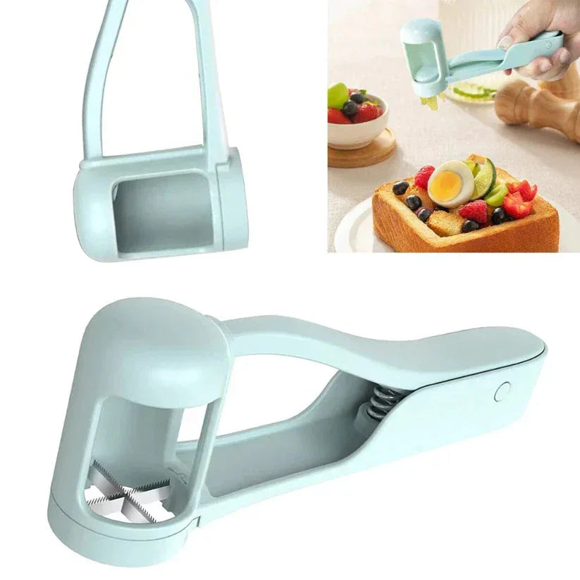 Two views of a kitchen tool with a fruit and toast display on a white background

