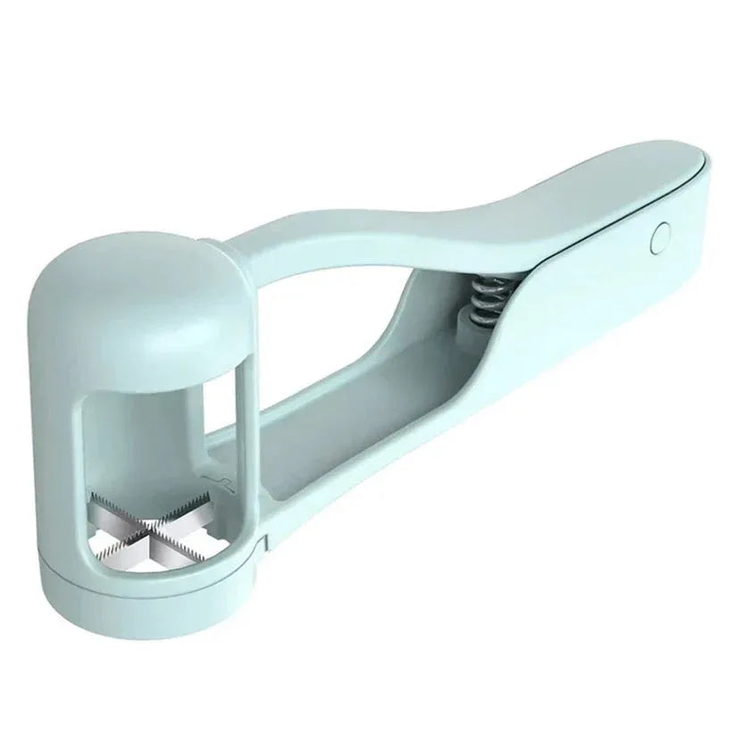 Light blue kitchen tool with a handle and blade on a white background

