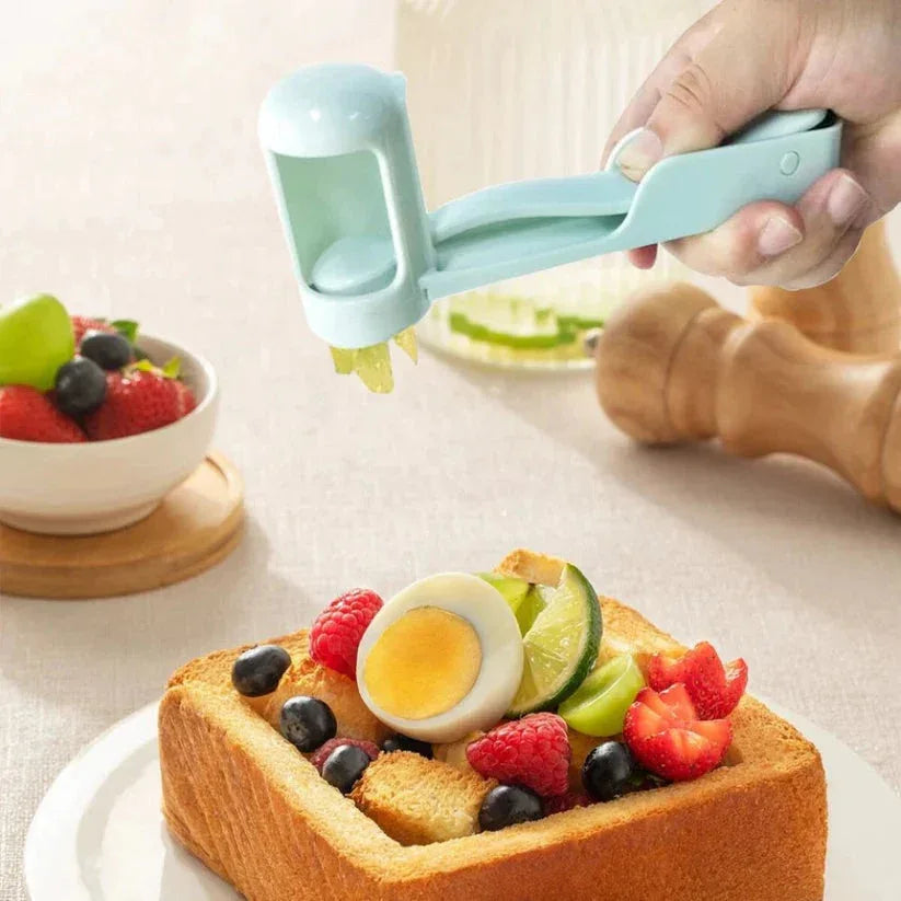 Person using a kitchen tool to add toppings to a slice of toast with fruits and a boiled egg.


