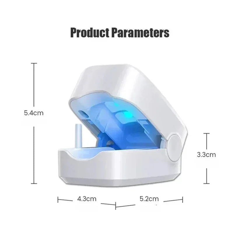 White electronic device with blue light, dimensions labeled on a white background

