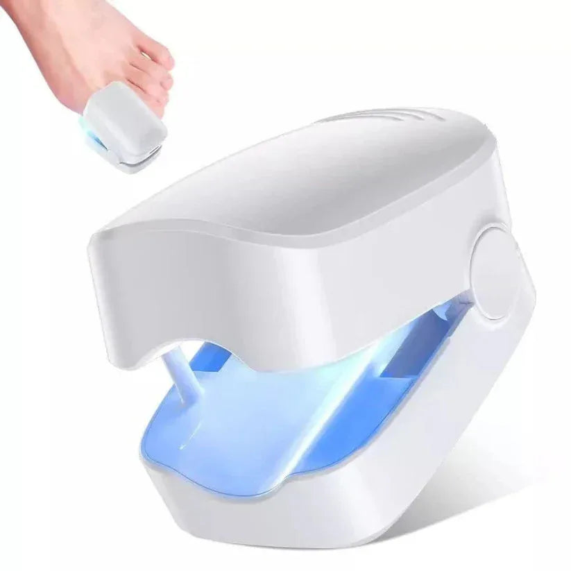 White electronic device with blue light on a white background

