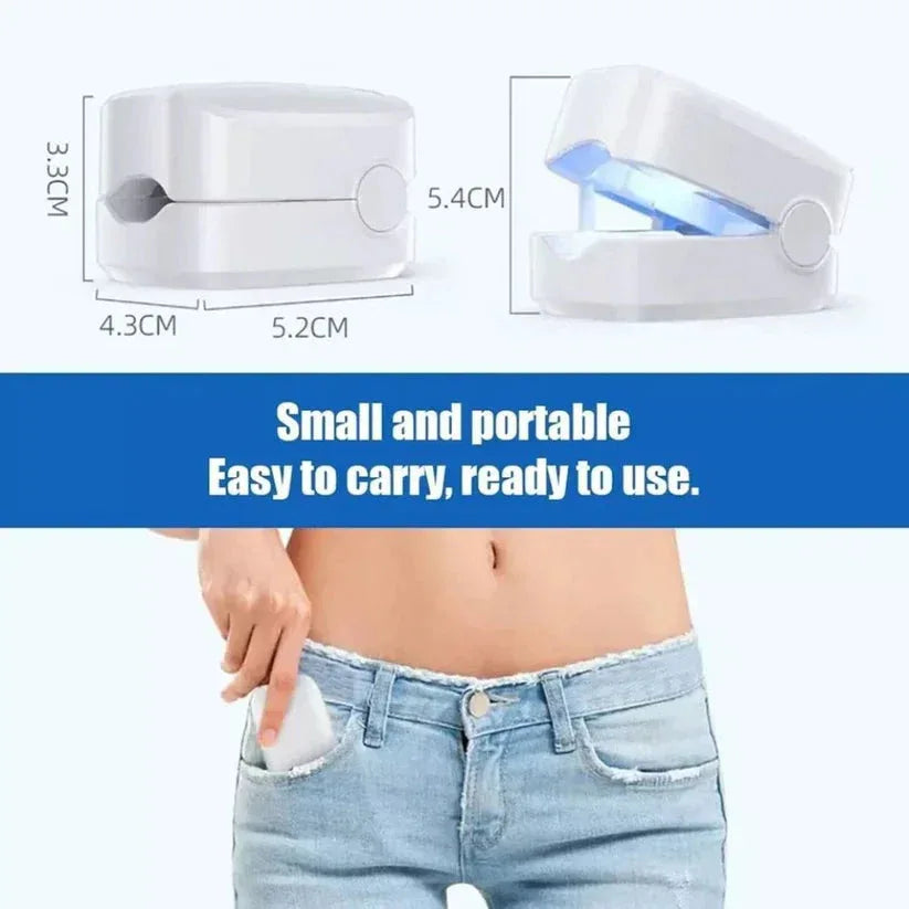 Small and portable device with dimensions displayed, held in a person's pocket.

