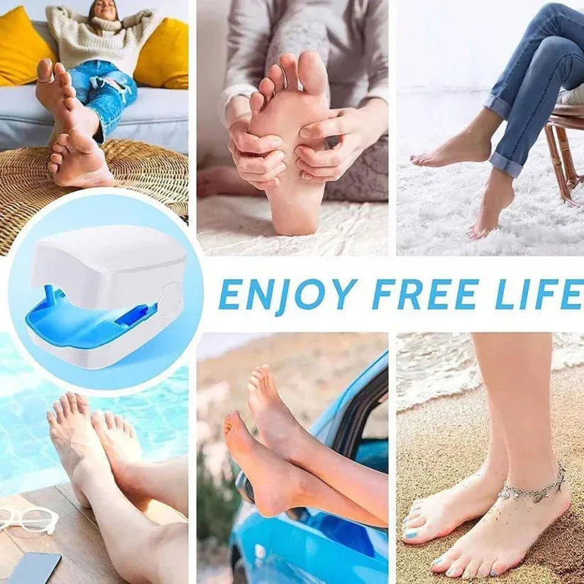 Collage of people with feet in various settings, promoting 'Enjoy Free Life' with a foot care product.

