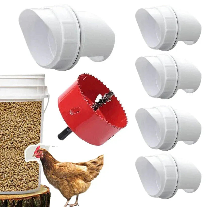Red poultry feeder with white plastic parts and a chicken on a white background

