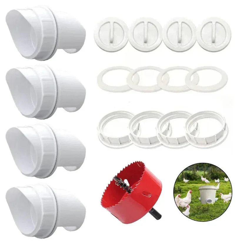 Set of white plastic components and a red drill bit on a white background, with an inset showing chickens around a feeder.

