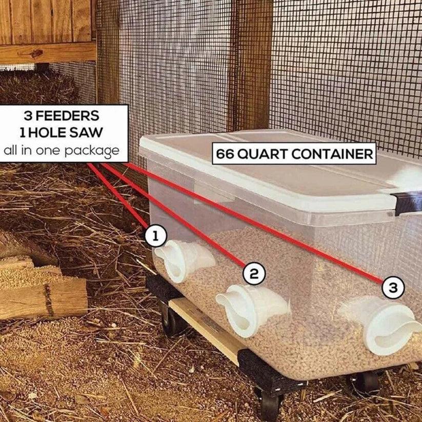 66 quart container with feeders and a hole saw in a chicken coop setting

