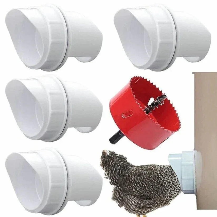Set of white plastic nozzles with a red drill bit and metal screen on a white background.

