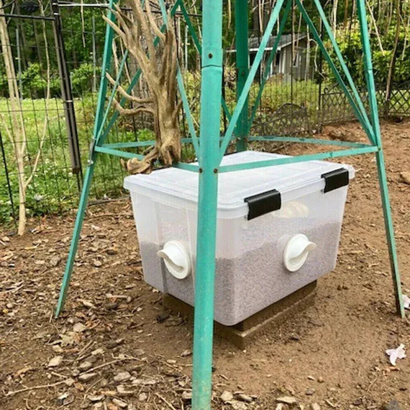 Outdoor setting with a transparent container on a stand in a garden

