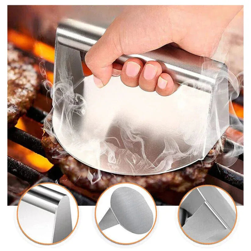 Hand using a metal smoking device over a grill with close-up insets showing the device's features.

