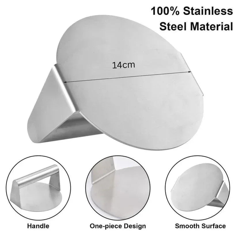 Stainless steel pizza cutter with measurements and material details on a white background

