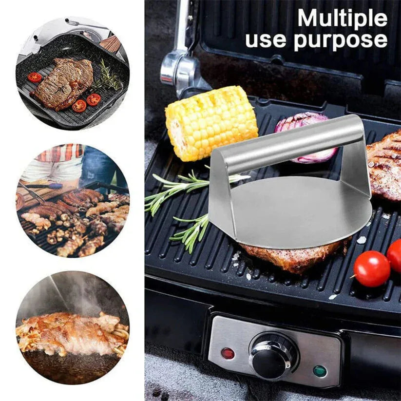 Grill with various food items and a metal tool, labeled 'Multiple use purpose'.


