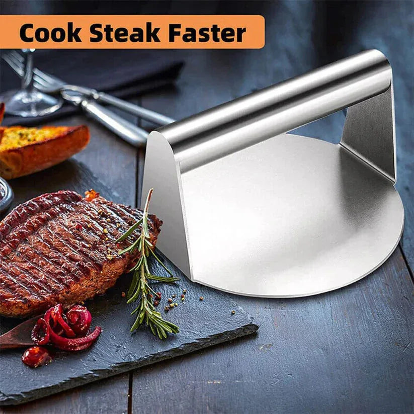 Metal steak press on a cutting board with cooked steak and rosemary, text 'Cook Steak Faster' above.

