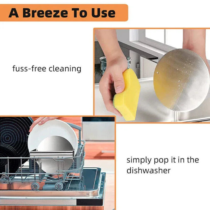 Cleaning product being used on dishes with text indicating ease of use and dishwasher compatibility.

