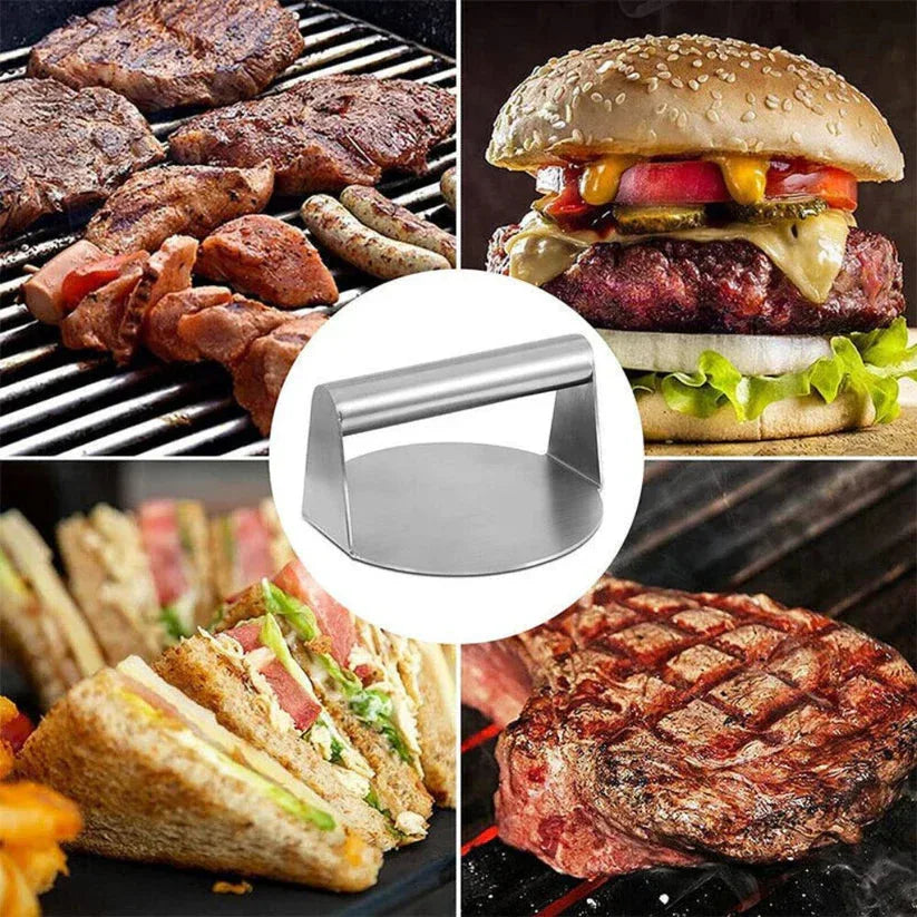 Collage of burger preparation steps with a metal burger press in the center.

