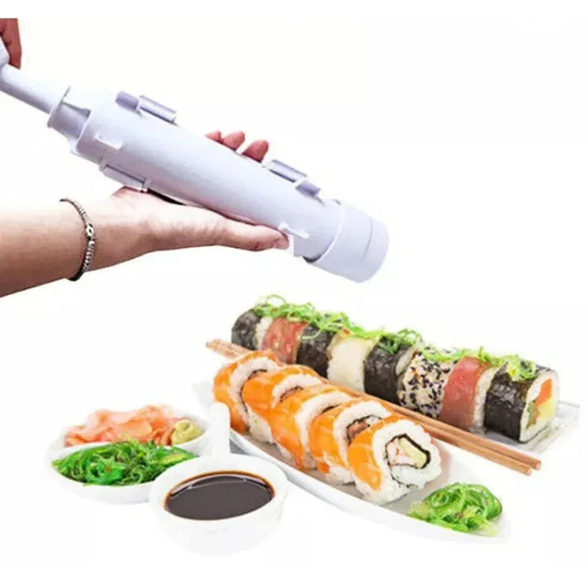 Person using a handheld vacuum cleaner on a plate of sushi with soy sauce and wasabi.

