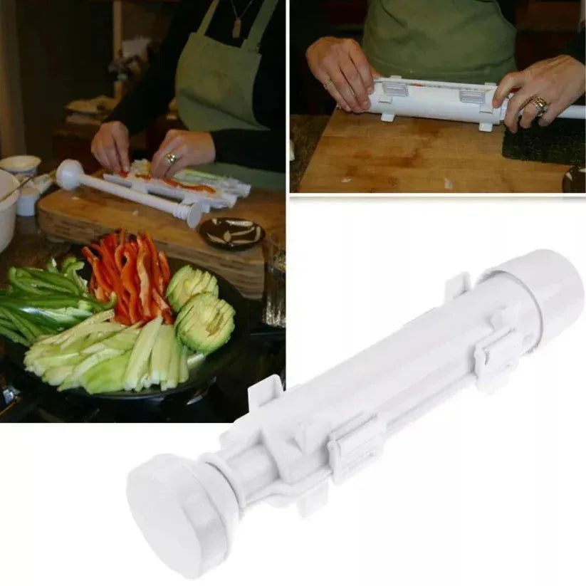 Collage of a kitchen scene with a vegetable slicer, sliced vegetables, and a person using the slicer.

