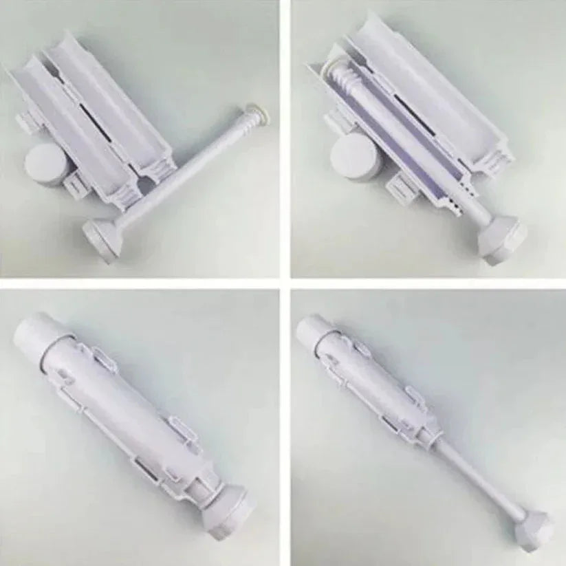Four views of a white plastic component on a light gray background

