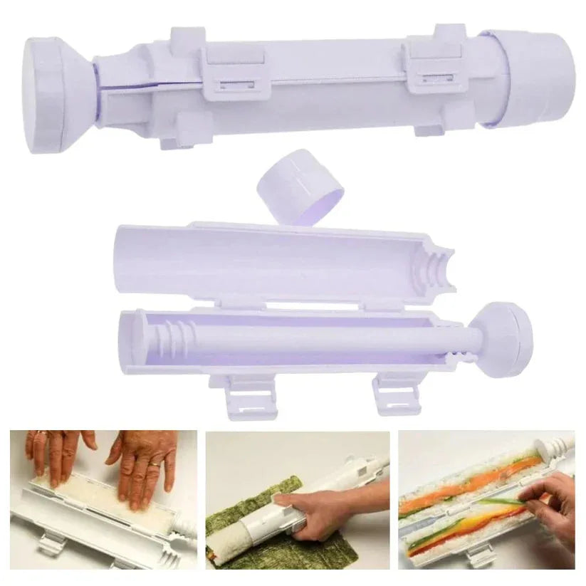 Sushi rolling machine with usage examples on a white background

