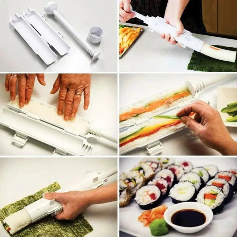 Step-by-step process of using a sushi rolling machine to make sushi rolls.

