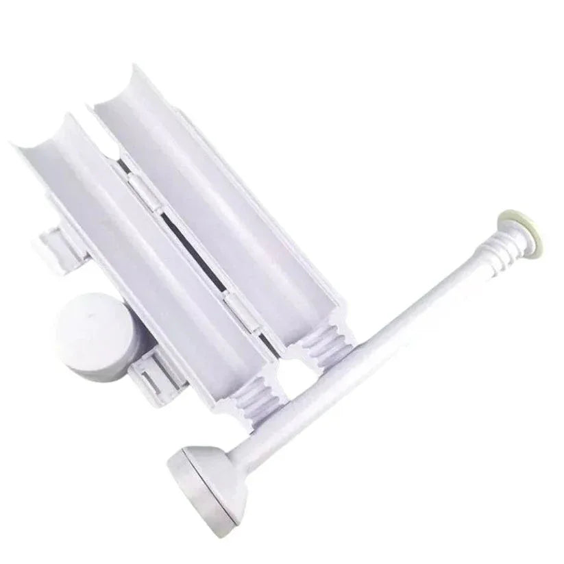 White shower head and hose on a white background

