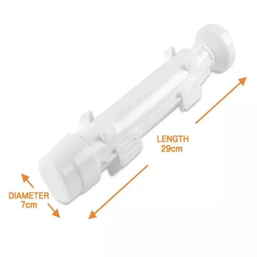 White curtain rod with measurements on a white background

